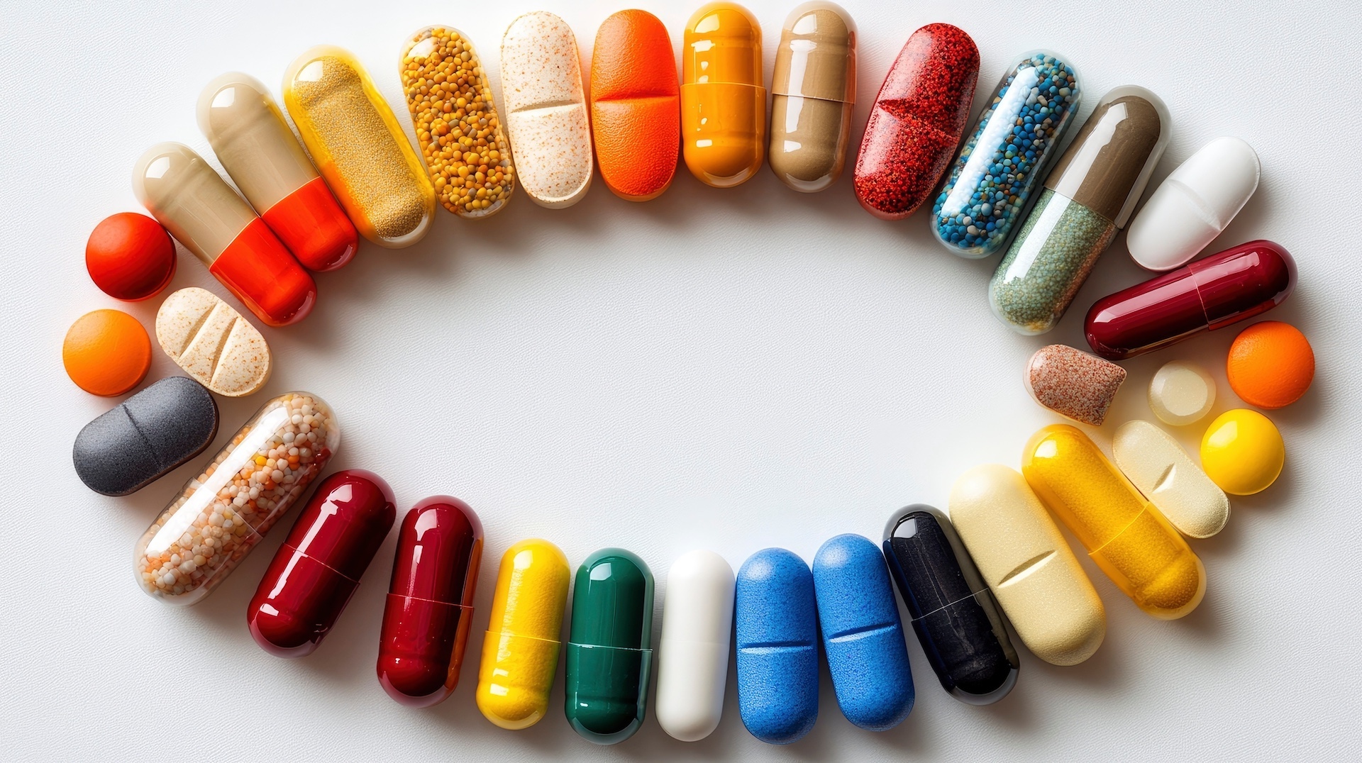 Verschiedene bunte Pillen und Kapseln kreisförmig angeordnet auf weißem Hintergrund.