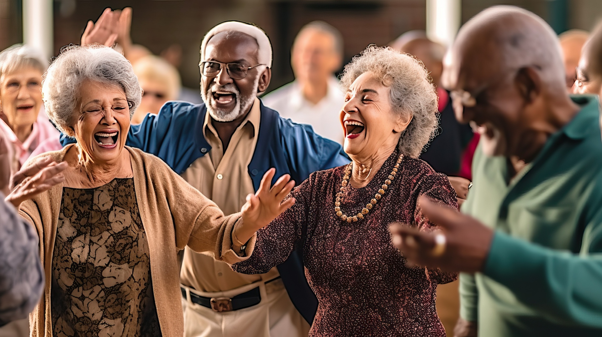 Eine Gruppe älterer Menschen tanzt und lacht zusammen in fröhlicher Stimmung.