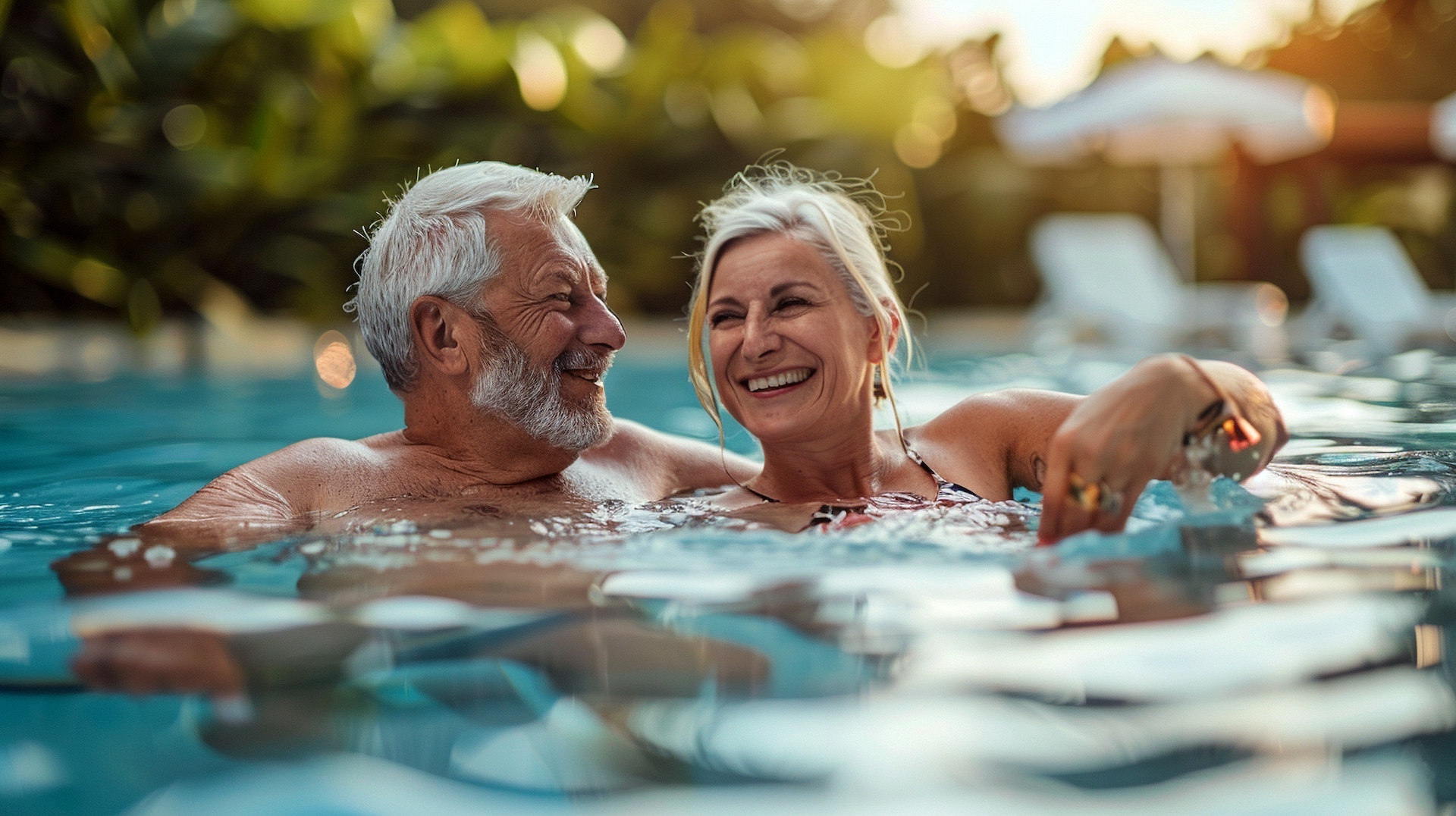 Ein älteres Paar lacht und genießt die Zeit im Pool bei sonnigem Wetter.
